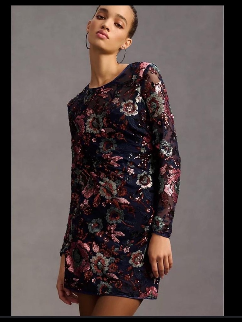 NWT Anthropologie Navy Long-Sleeve Sequin Floral Mini Dress